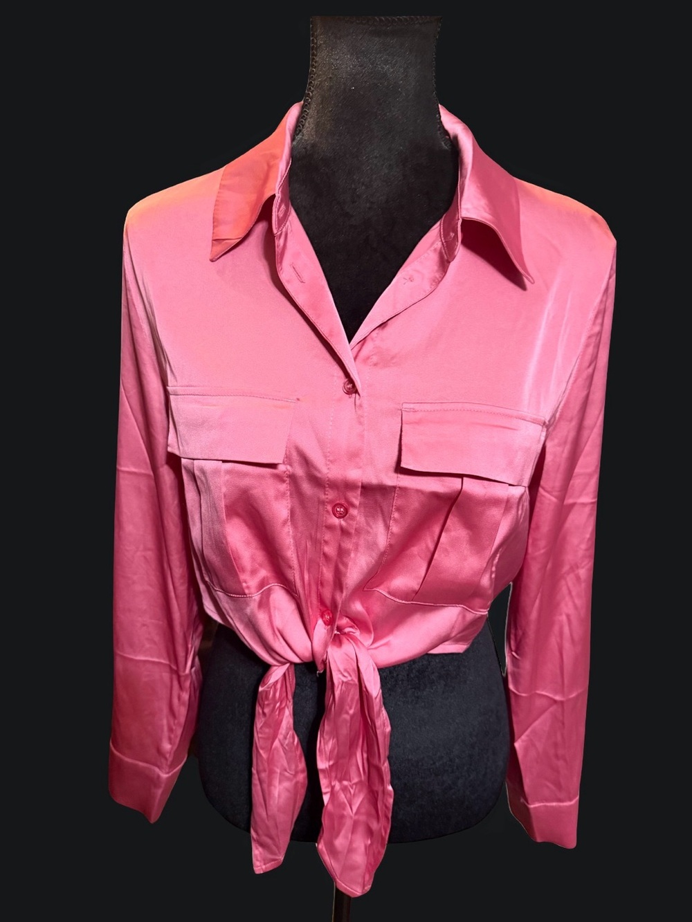 Womens Pink Tie-Front Satin Shirt